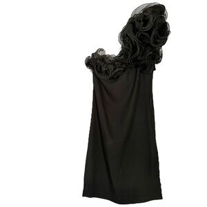 Victor Costa 1970s One Shoulder Organza Black Crepe Mini Dress